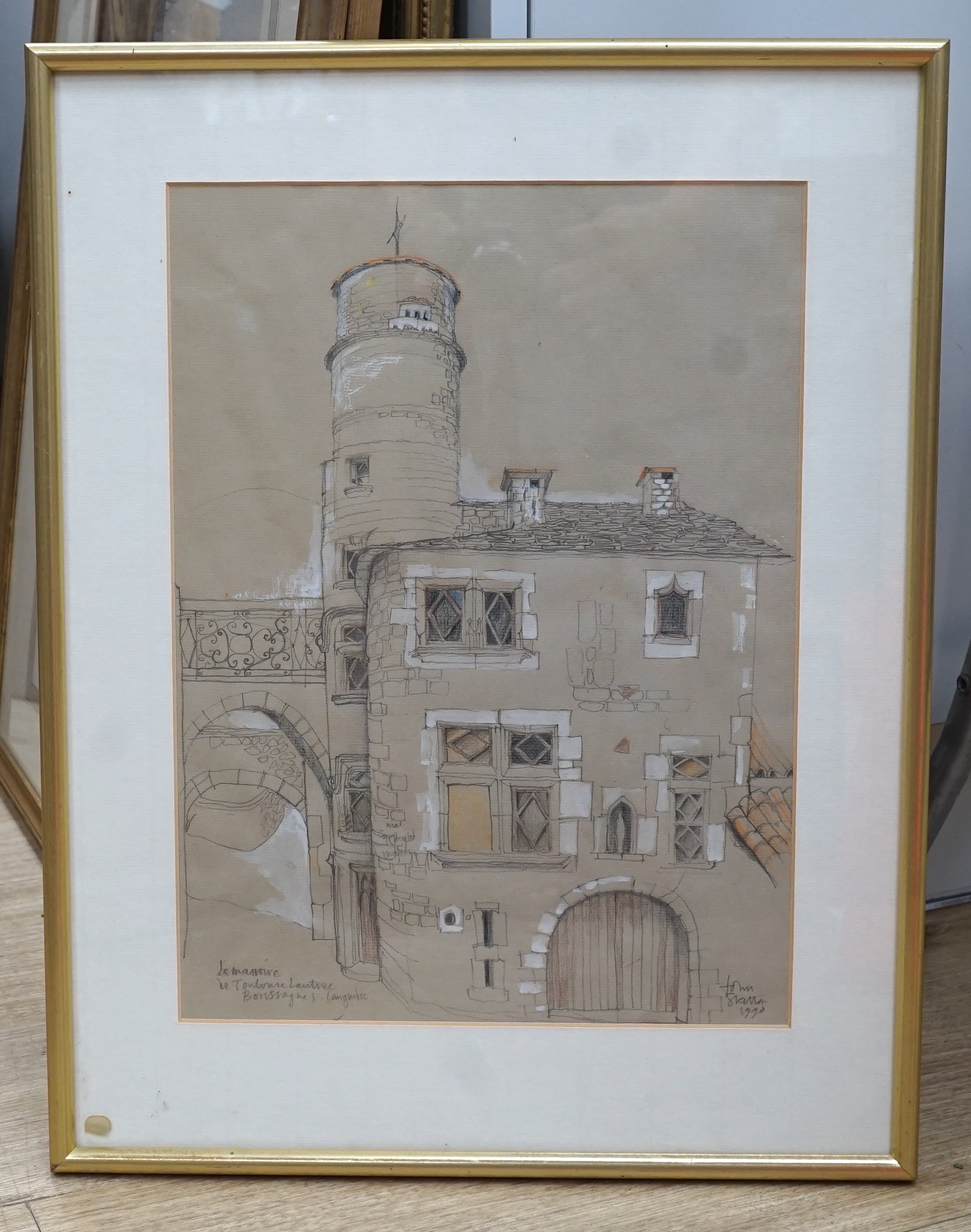 John Skelton (1923-2009), pencil and conté crayon, 'Le Manoire du Toulouse Lautrec, Langedoc', signed and dated 1990, 38 x 28cm